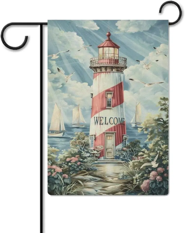 Welcome Lighthouse Garden Flag 12x18 Inch Double Sided for Outside Small Burlap Yard Flag, style