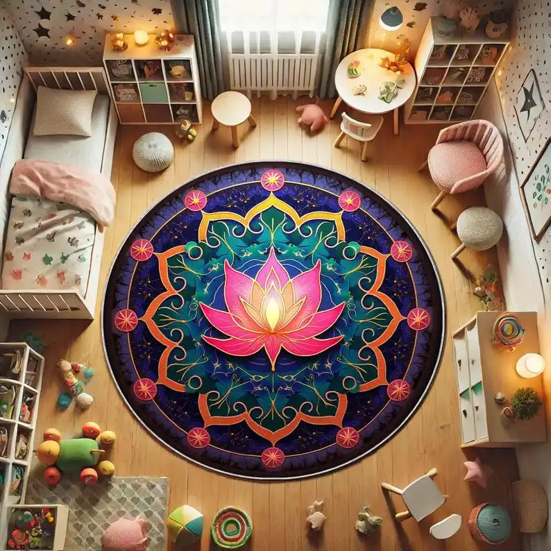 Pink Purple Lotus Round Rug, Boho Meditation Mat for Yoga Room, Spiritual Flower Carpet for Zen Decor, Circle Floor Mat
