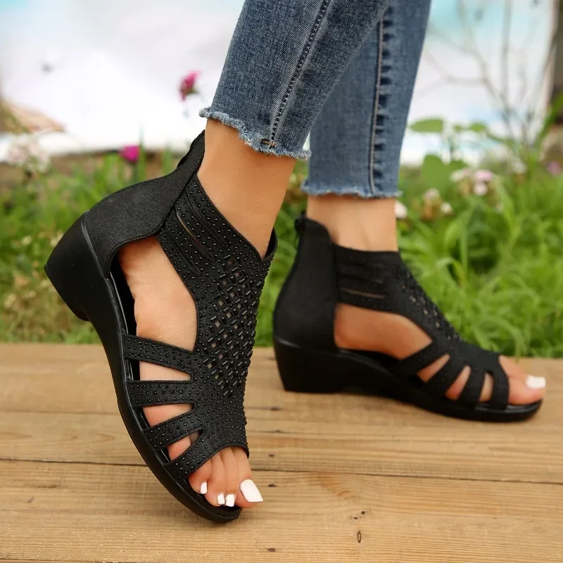 Fashion Rhinestone Wedge Sandals Women  Summer New Elegant Ladies Rome Shoes Hollow Sandals Female Black Casual Sandalias