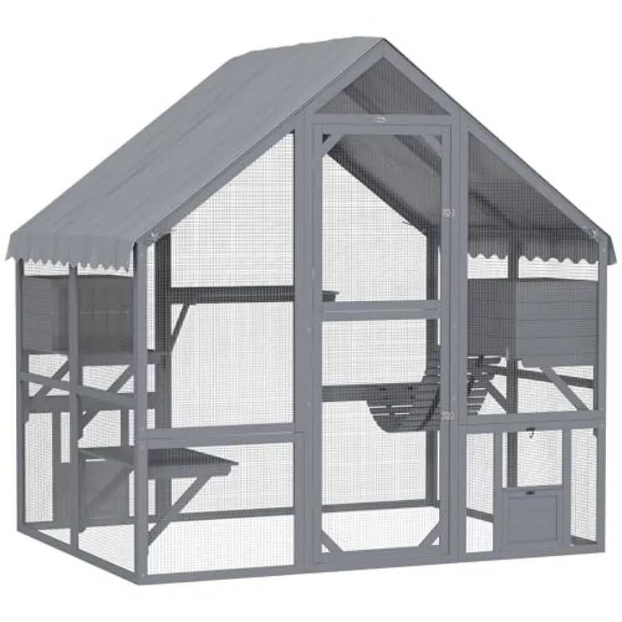 

73" L Large Catio Outdoor Cat Enclosure for Kittens, 28 sq.ft Wooden Cat House with Waterproof Cover, Walk in Kitty Cage Kennel