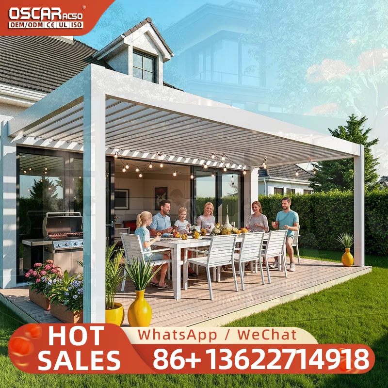 Freestanding Motorized Aluminum Louvered Roof Gazebo Waterproof Pavilion with Wind & Rain Sensors for Garden Patio Backyard perg
