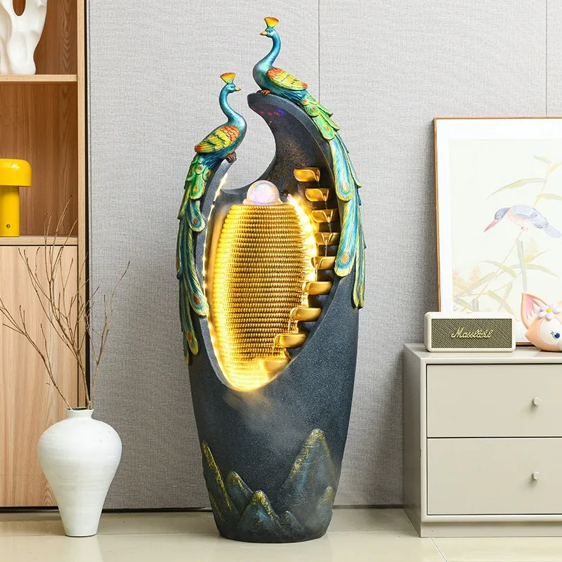Peacock Fountain Ornament Recirculating Water Humidifier Landscape Living Room Entrance Decoration