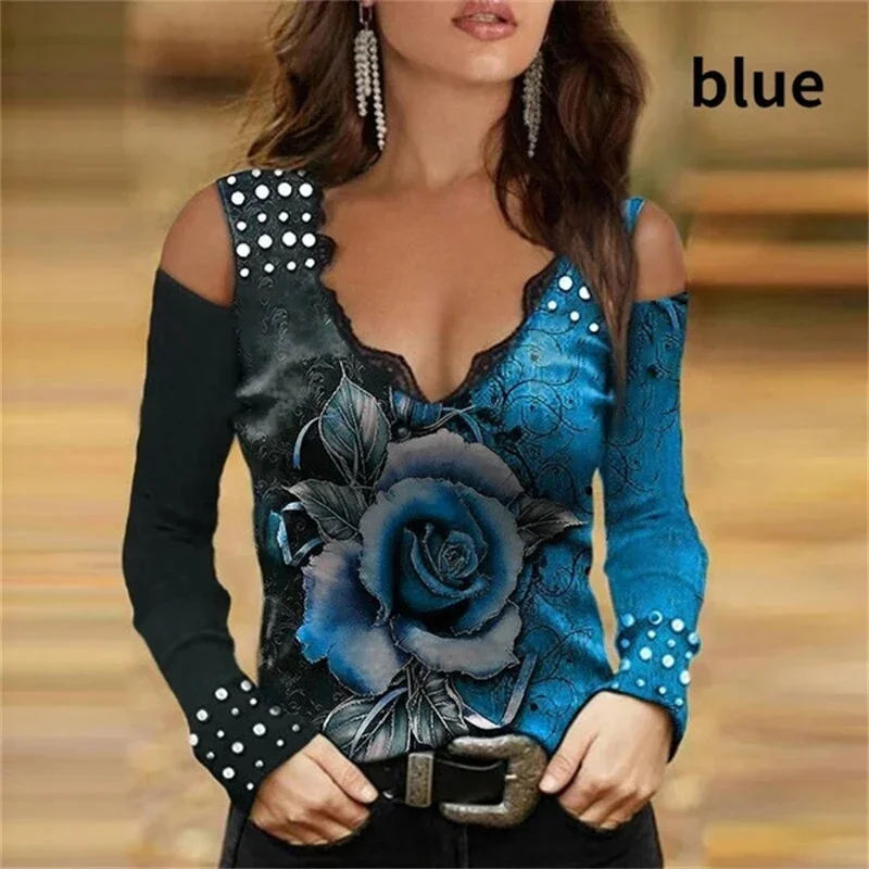 Spring and Autumn New Fashion Women Top Slim Fit Off Shoulder Long Sleeve T-Shirt Casual Flower Print Loose V-Neck Sexy Tops