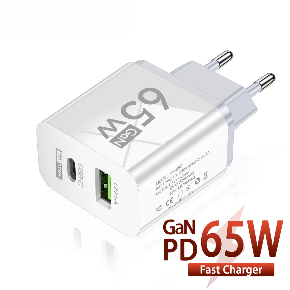 

GaN USB Charger 65W Fast Charging QC 3.0 Type C Mobile Phone Charger Adapter for iPhone Xiaomi Samsung Huawei EU/US Plug Charger