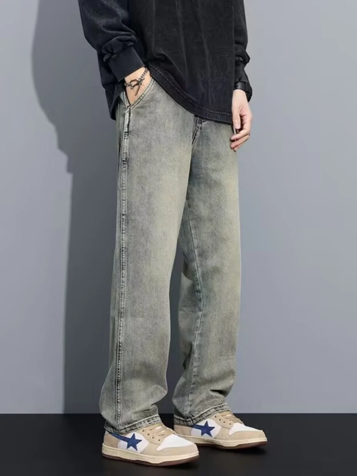 

Retro American Denim Jeans Men Loose Straight Casual Pants Spring Autumn Trendy Hong Kong Sle High Street Workwear Trousers