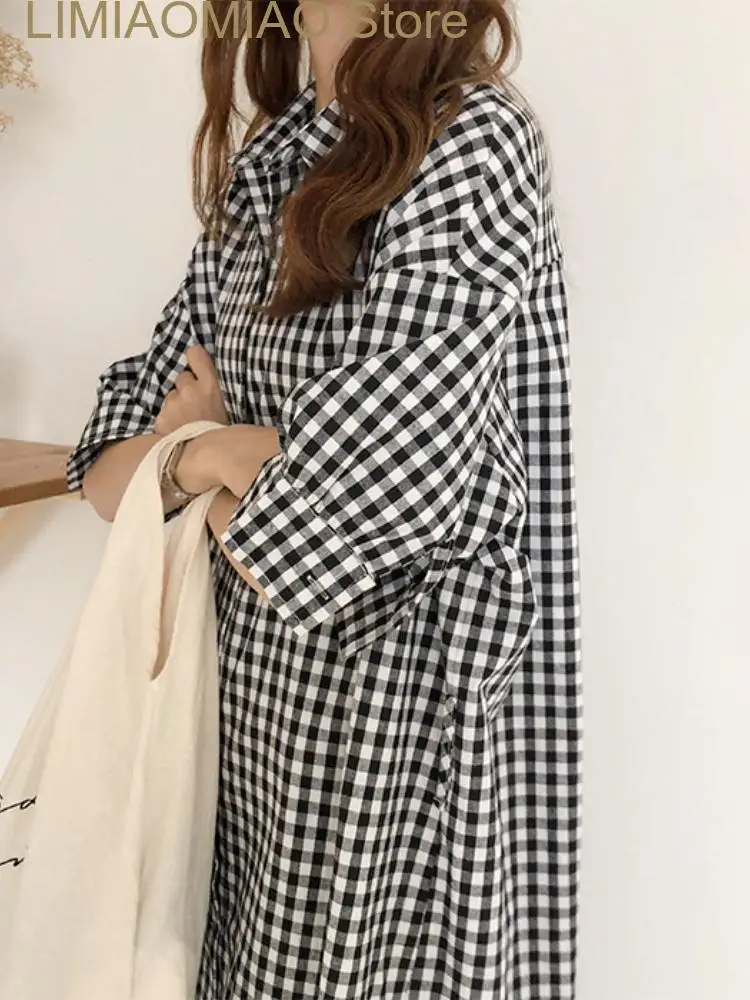 New Summer Women Cotton Linen Dress Fashion Plaid Dress Lapel Shirt Dress Women's Long Dress Loose Casual Dresses for Women