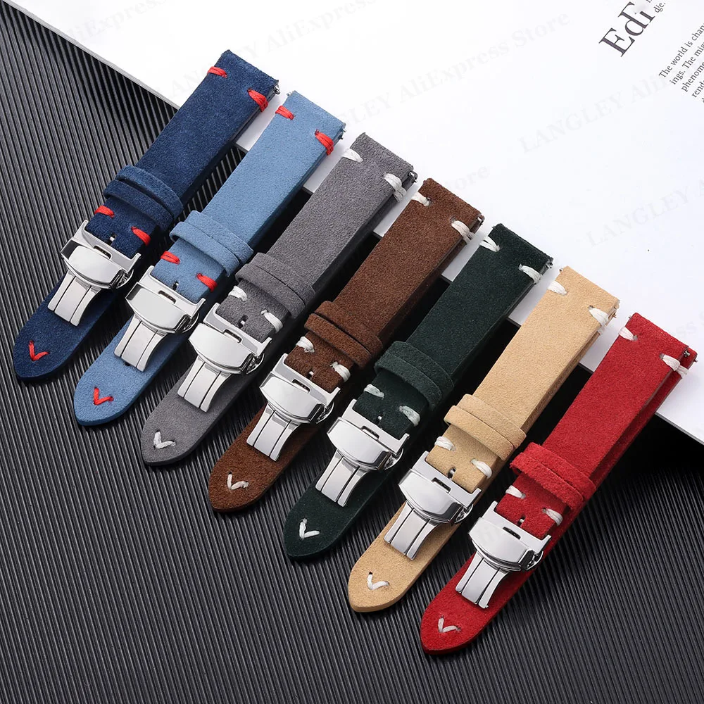 Suede Soft Strap 18mm 20mm 22mm Band for Huawei Watch GT3 Butterfly Buckle for Seiko Quick Release Genuine Leather Mens Bracelet