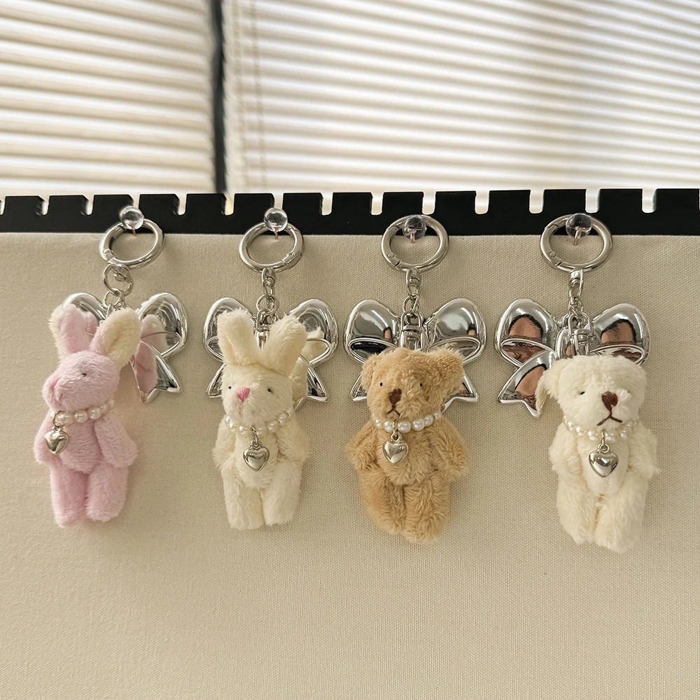 Cute Cartoon Pearls Plush Rabbit Bear Bowknot Keychain Pendant Toys Dolls Key Rings Hangings Fashion Bag Ornaments Accessories