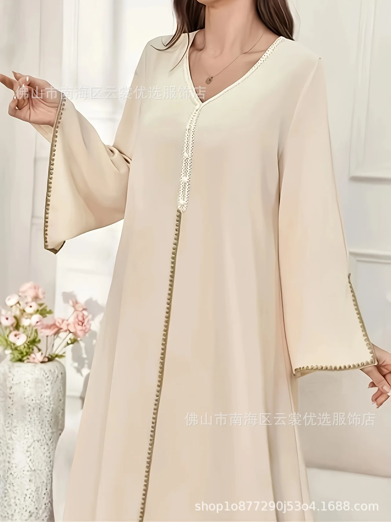 Eid Abito da donna Abaya musulmano con scollo a V Perle Abiti Largos Party Caftano Jalabiya Ramadan Abiti lunghi Dubai Arabo Abito lungo 2025