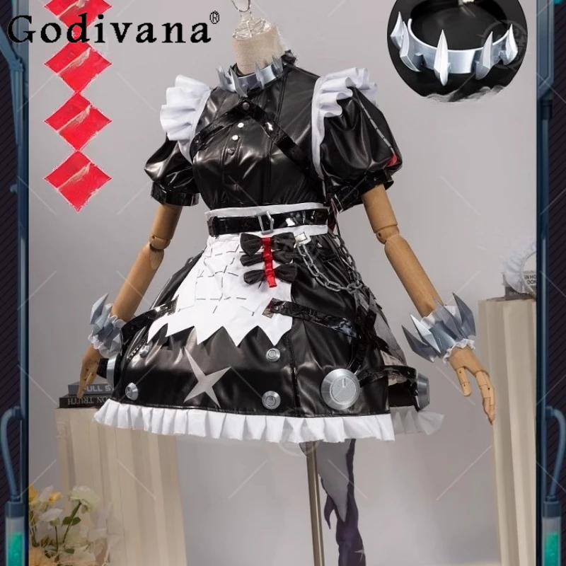 Copricapo da donna Abiti Manica corta Nero Bianco Abiti di Halloween Cameriera femminile Cosplay Anime Dress Set con coda