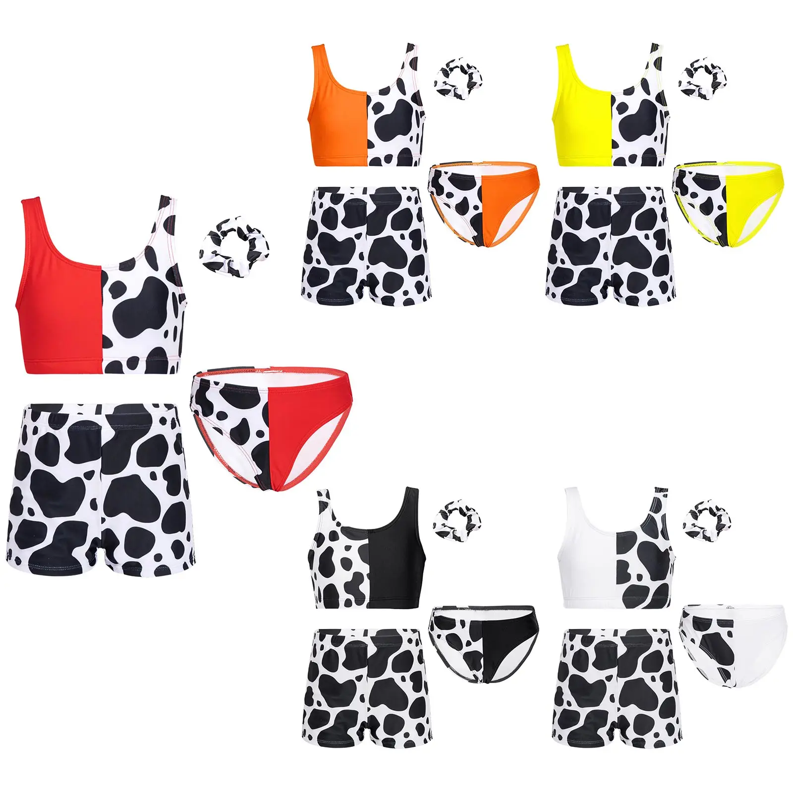 4Pcs Kids Grils Swimsuits Cute Cow Print Tankini Sets Sleeveless Bra Top Briefs Boyshorts Swimming Bathing Beachwear Swimwear