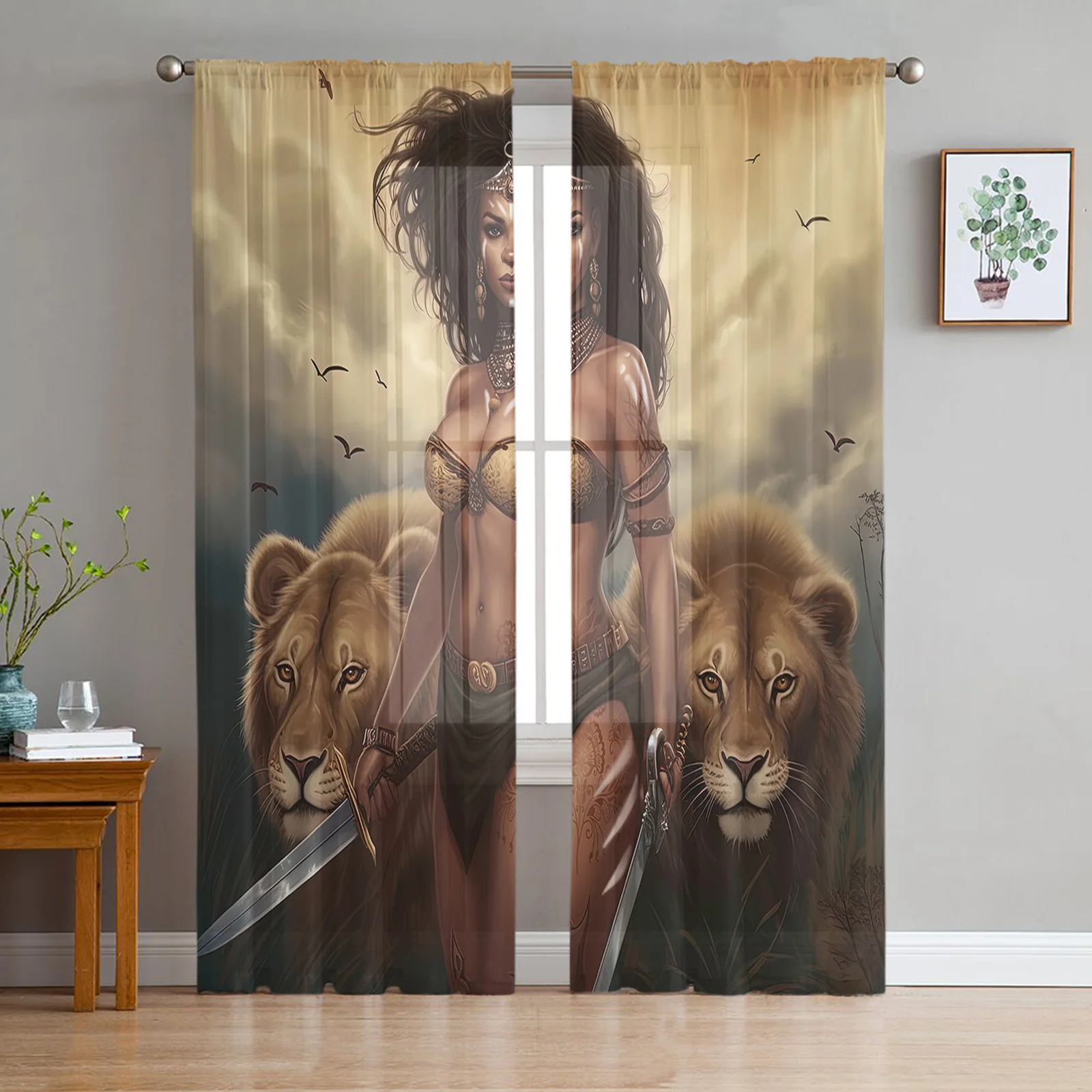 African Savanna Woman Lion Voile Curtains for Bedroom Tulle Window Curtain for Living Room Sheer Curtains Blinds Drapes