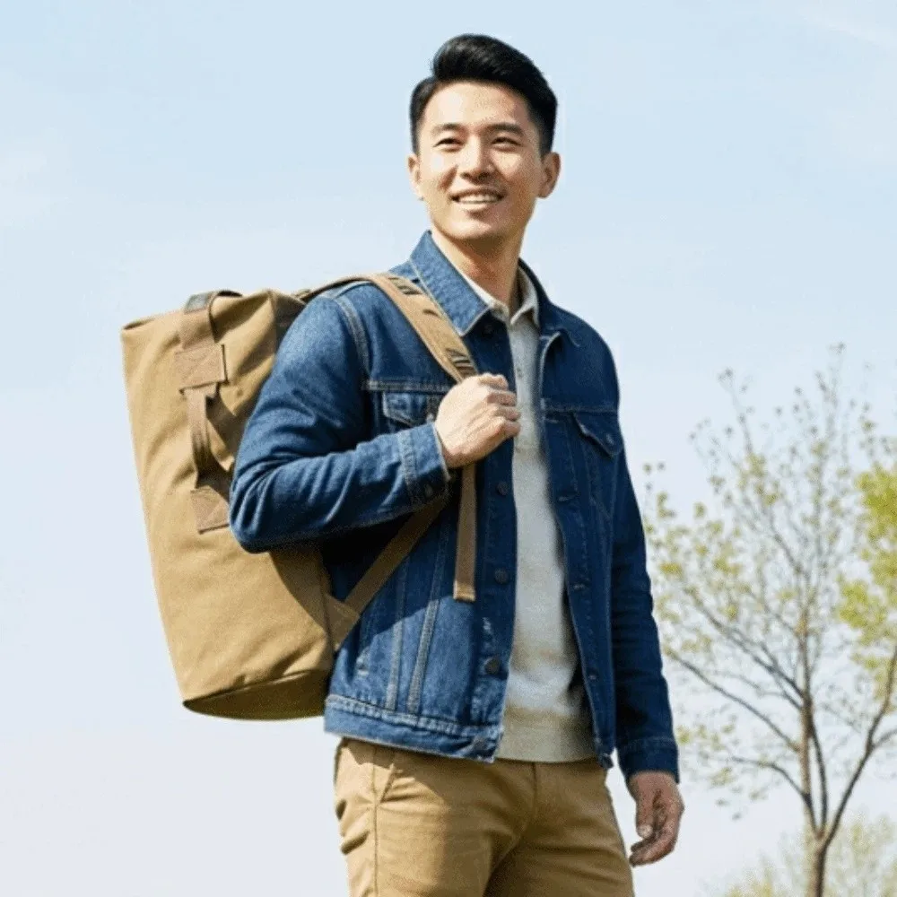 Elegant Vintage Canvas Rucksack Folding Solid Color Multi-pockets Design Backpack Daypack Multi-purpose