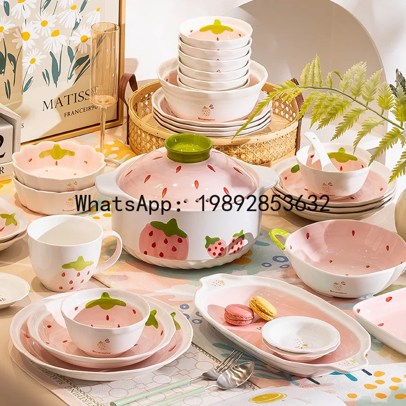 HYS Strawberry Dishes Set Household Instant Noodles Bowl Ceramic Tableware Bowls and Chopsticks Bowls