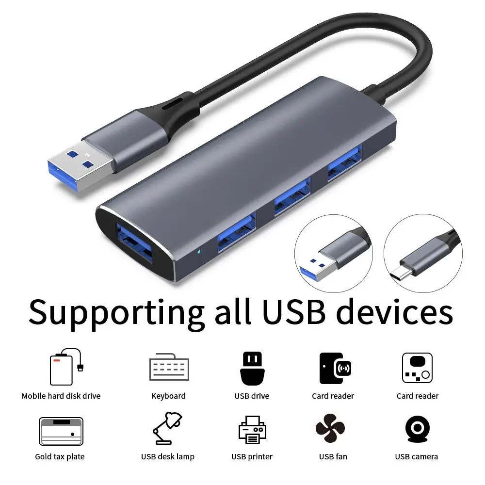 Aluminum Alloy Multiport Splitter 4 Port Dock Station Expander USB 3.0 HUB Type-C 3.1 For Phone Laptop PC