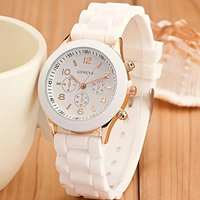 White Elegant Round Quartz Watches Simple Casual Women Silicone Strap Wrist Watches