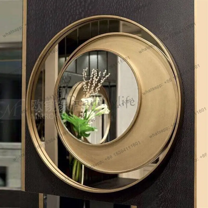 Modern simple light luxury round moon decoration hanging mirror living room wall hanging entrance metal retro mirror