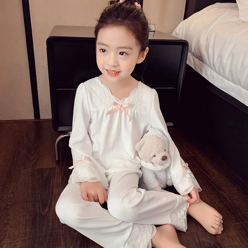 

2025 Spring Girls' Loose Fit Pajama Set Long Sleeve 2 Piece Stylish Kids' Sleepwear Homewear