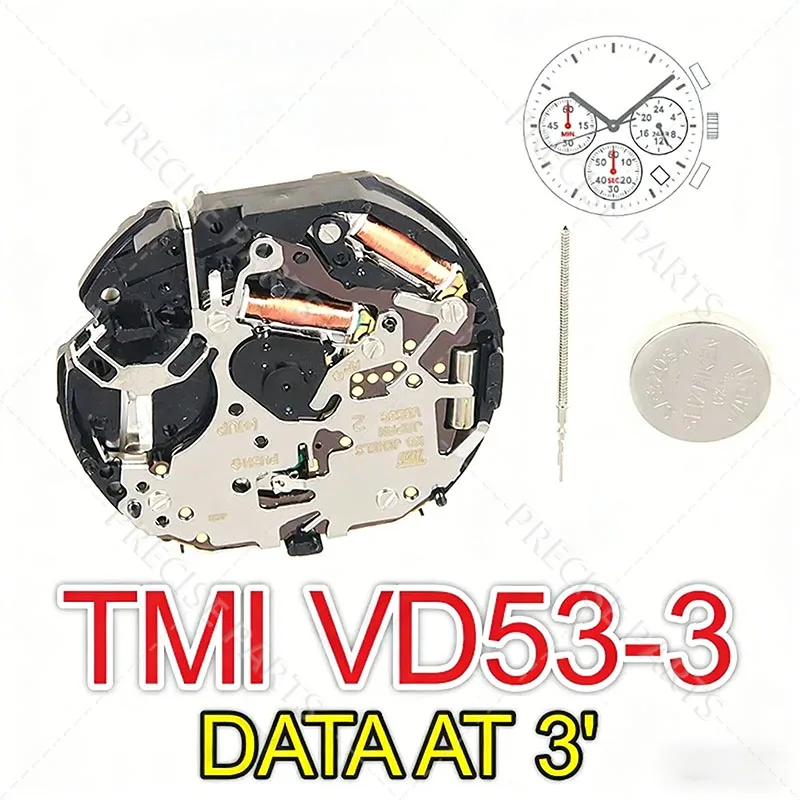 TMI VD53 VD53C-3 Quartz Movement 3 Hands with Date 3-Eye Chronograph Small Second Minute 24-Hour Indicator