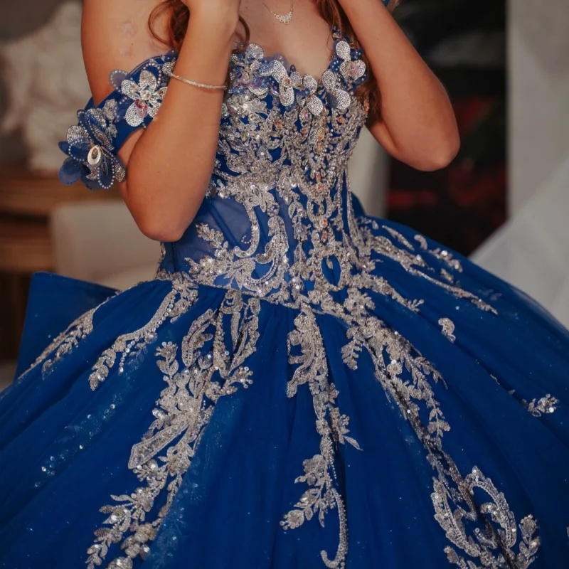 

Royal Blue Quinceanera Dress off-shoulder Silvery Glitter Decal Layering Long tail Bow vestidos de 15 Quinceanera ﻿Customize