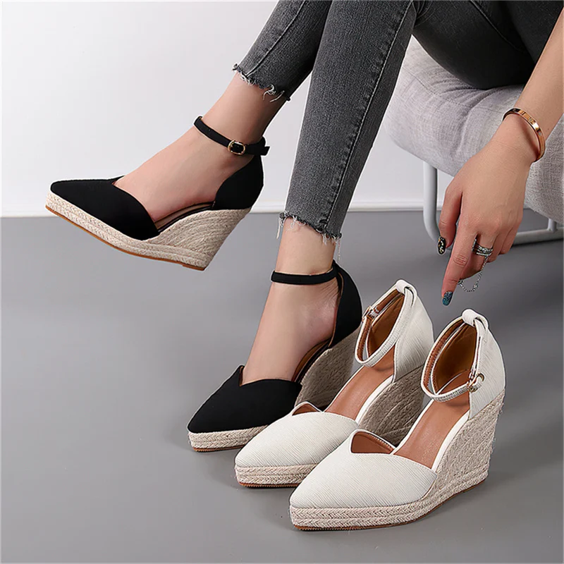 Platform Wedges Ankle Buckle Sandals Casual Heels Summer Gladiator Sapatos Mulher Sapato Feminino Pointed Toe Espadrill Shoes