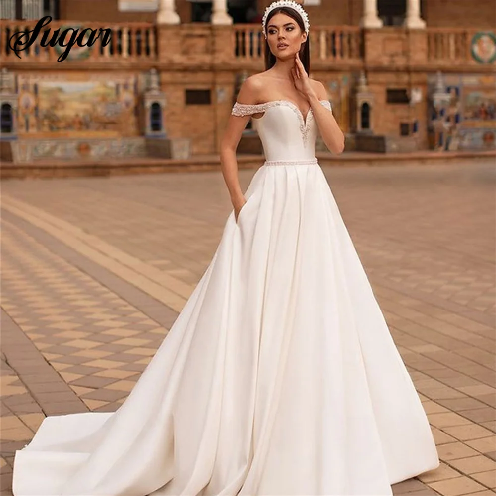 

Off the Shoulder A Line Satin Wedding Dress Sweetheart Neck Sleeves Bride Gowns Beads Sash Buttons Back Bridal Dresses