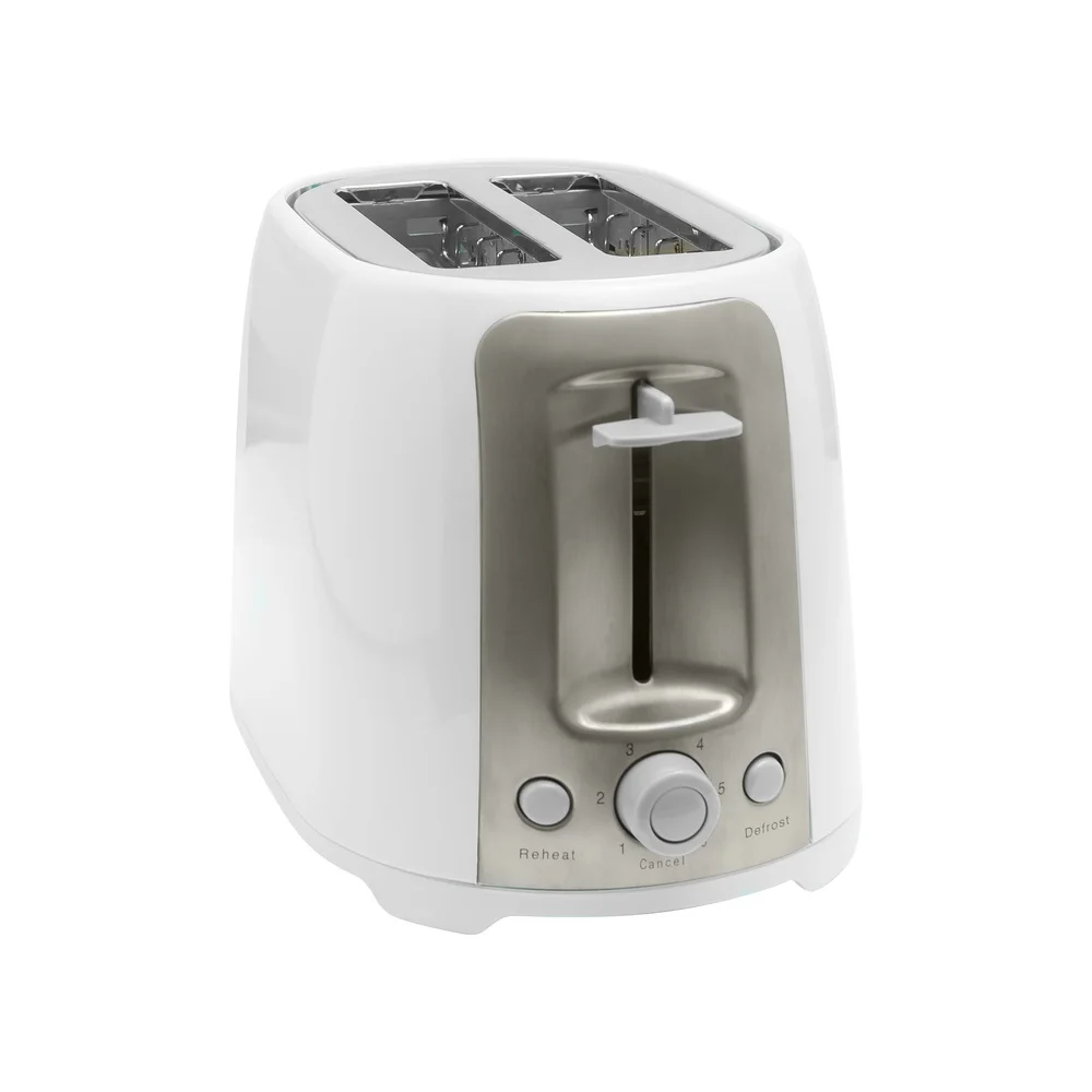 Pemanggang Roti Sentuhan Dingin 2 Potong Slot Ekstra Lebar 800W Kenop 6 Pengaturan Panduan Pemusatan Otomatis Pembungkus Kabel Baki Remah yang Mudah Dibersihkan