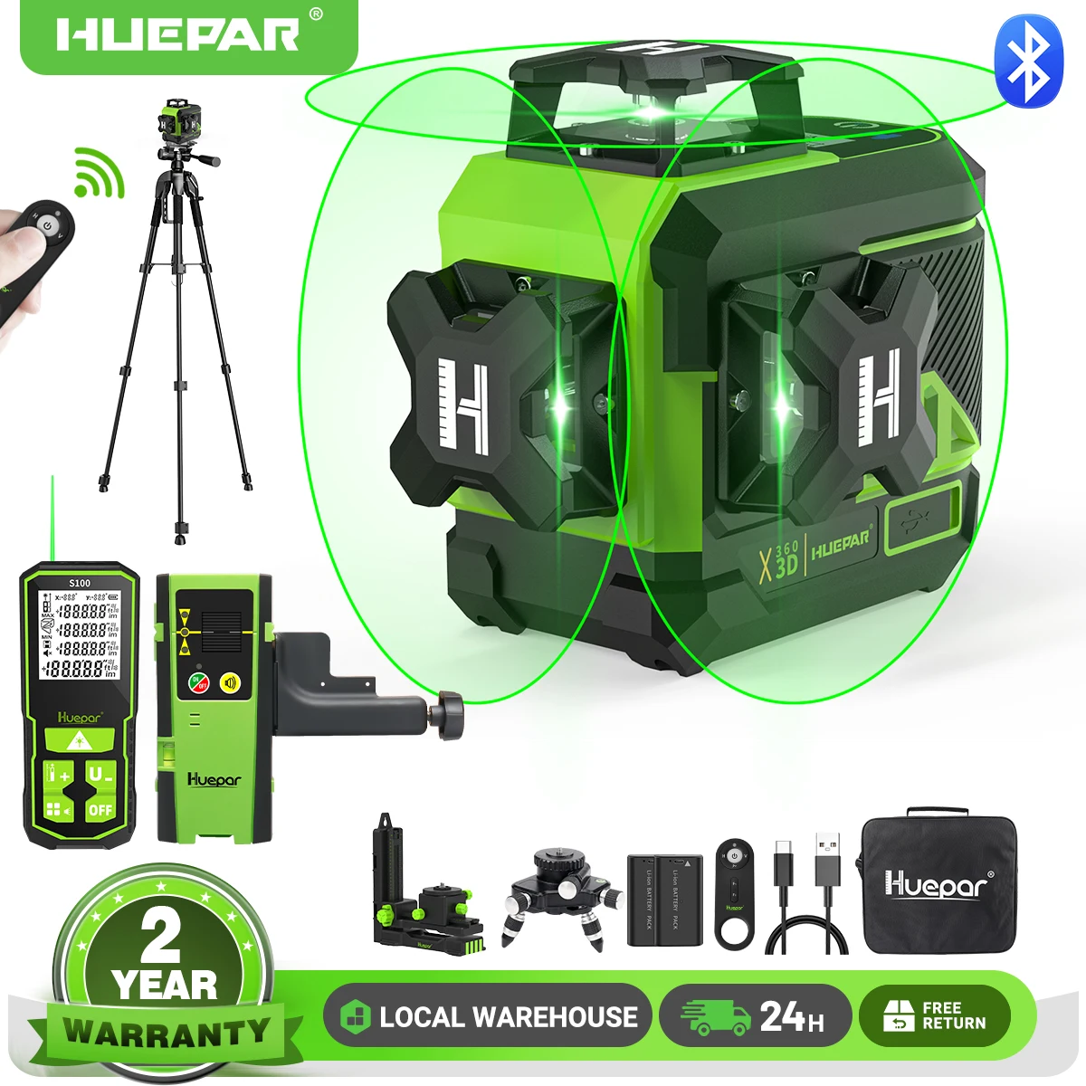 Huepar 12 Lines Green Beam Laser Level Self-Leveling Cross Lines Laser Level Set With Remote/Tripod/Detector/Rangefinder/Adpater