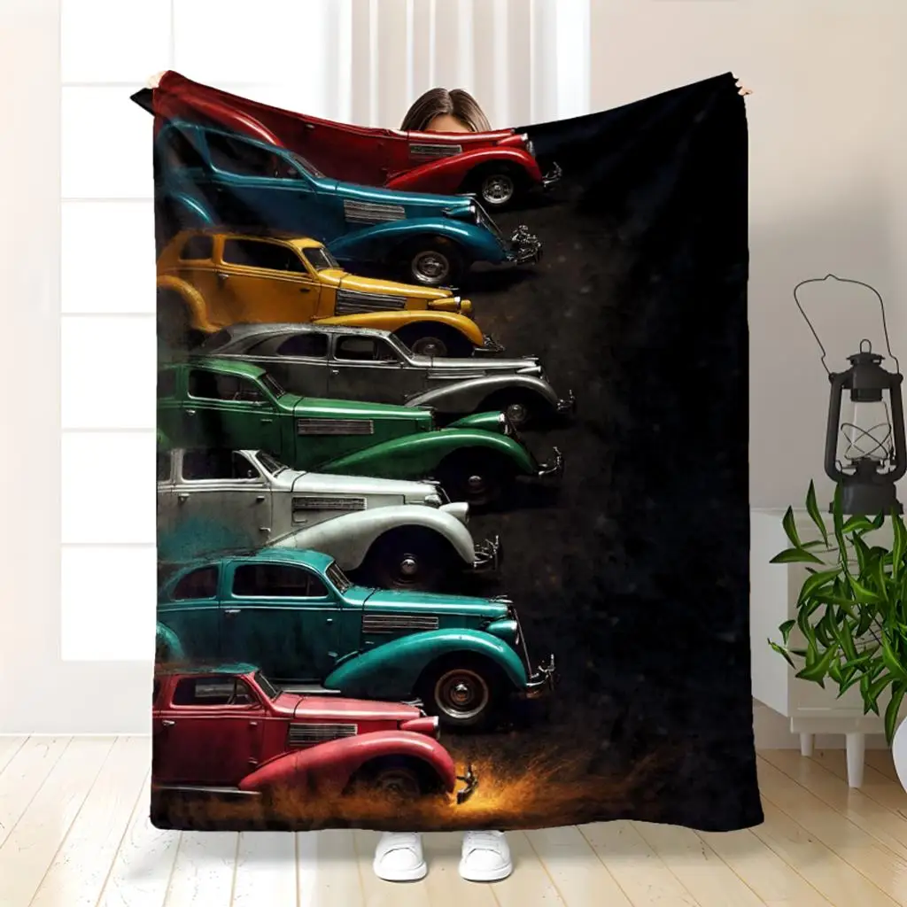 Vintage Car Collage Blanket Throw Retro Automotive Art Print Sofa Cover Giant 150x230cm Boyfriend Girlfriend Gift Idea