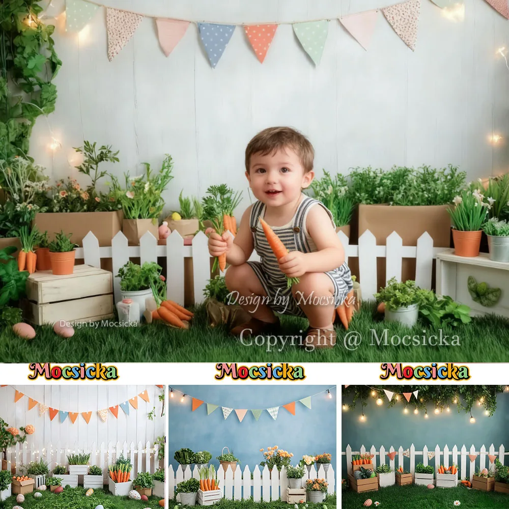 Mocsicka Easter Carrot Garden Photography Backdrop Floral Fence Decor Background Kids Spring Holiday Portrait Shooting Photozone
