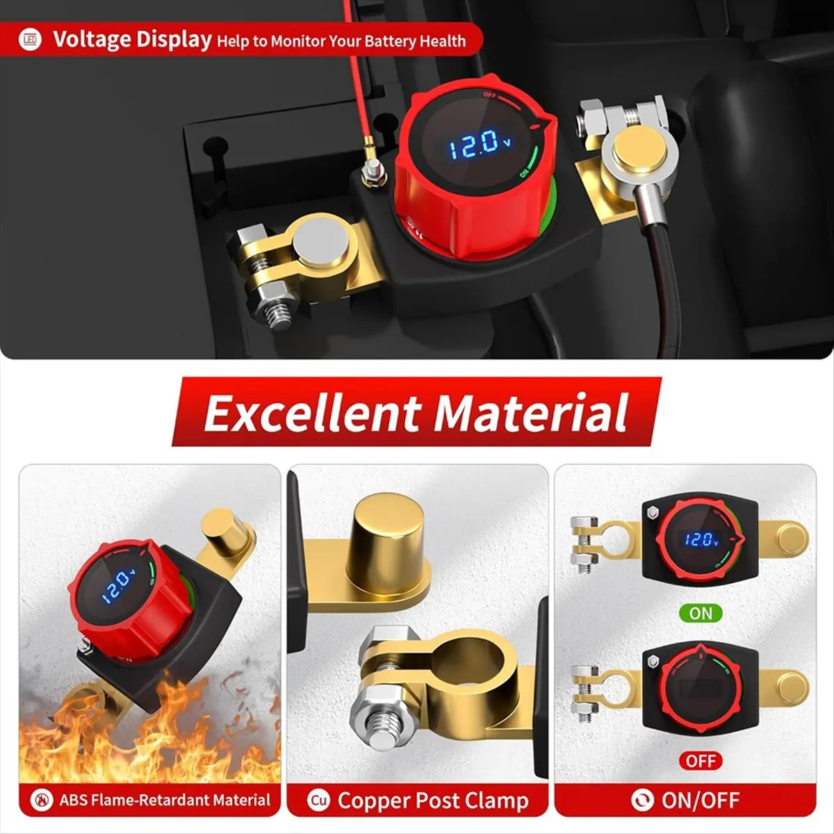HOME USE-A 300A Side Post Battery Disconnect Switch 12V Negative on/Off LED Voltage Display Car Battery Cut Off Switch