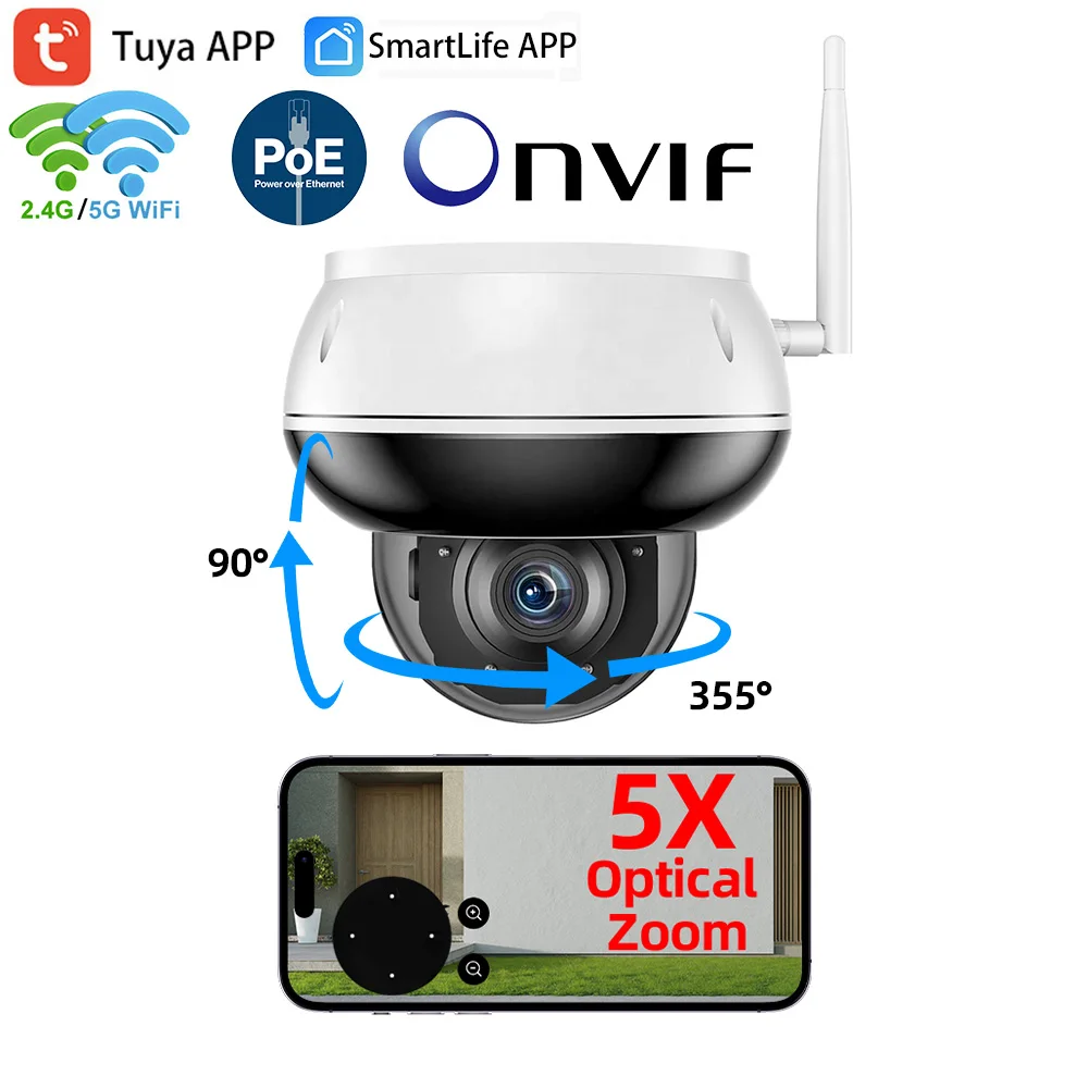5MP Tuya WiFi POE Onvif 5X Optical Zoom Outdoor PTZ Motion Tracking IR Audio Video Security CCTV Camera Systems SmartLife APP