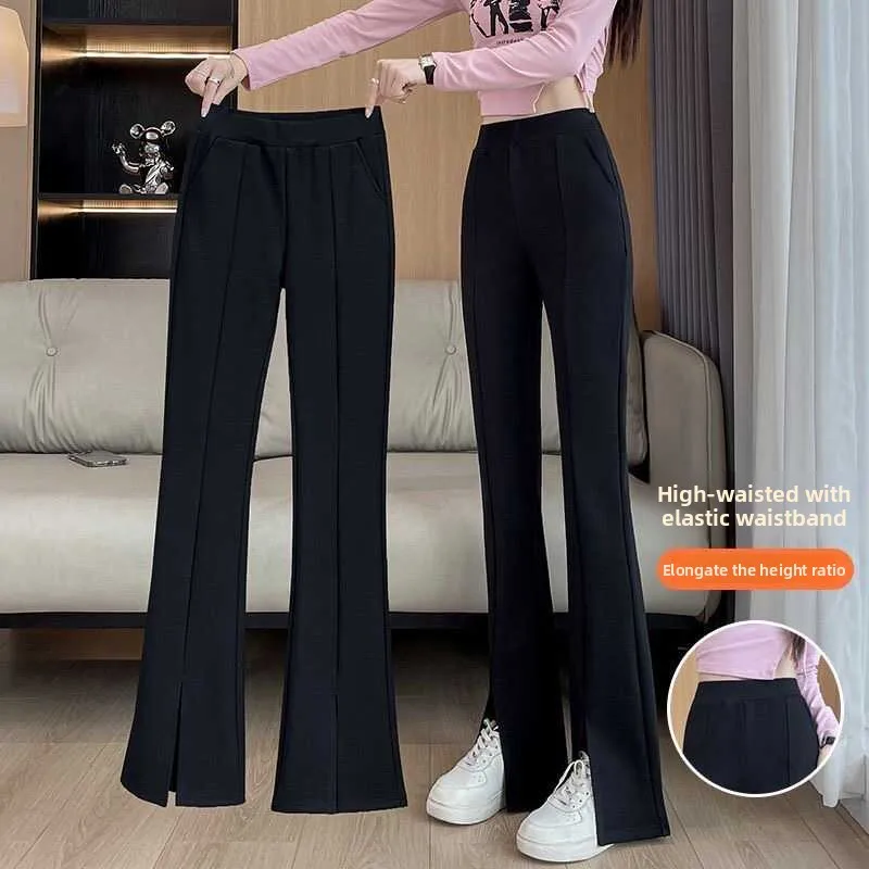 

Женские брюки с высокой талией, широкими штанинами, микро-клешем и разрезами, прямые, повседневные, для весны и осени, с декоративными элементами