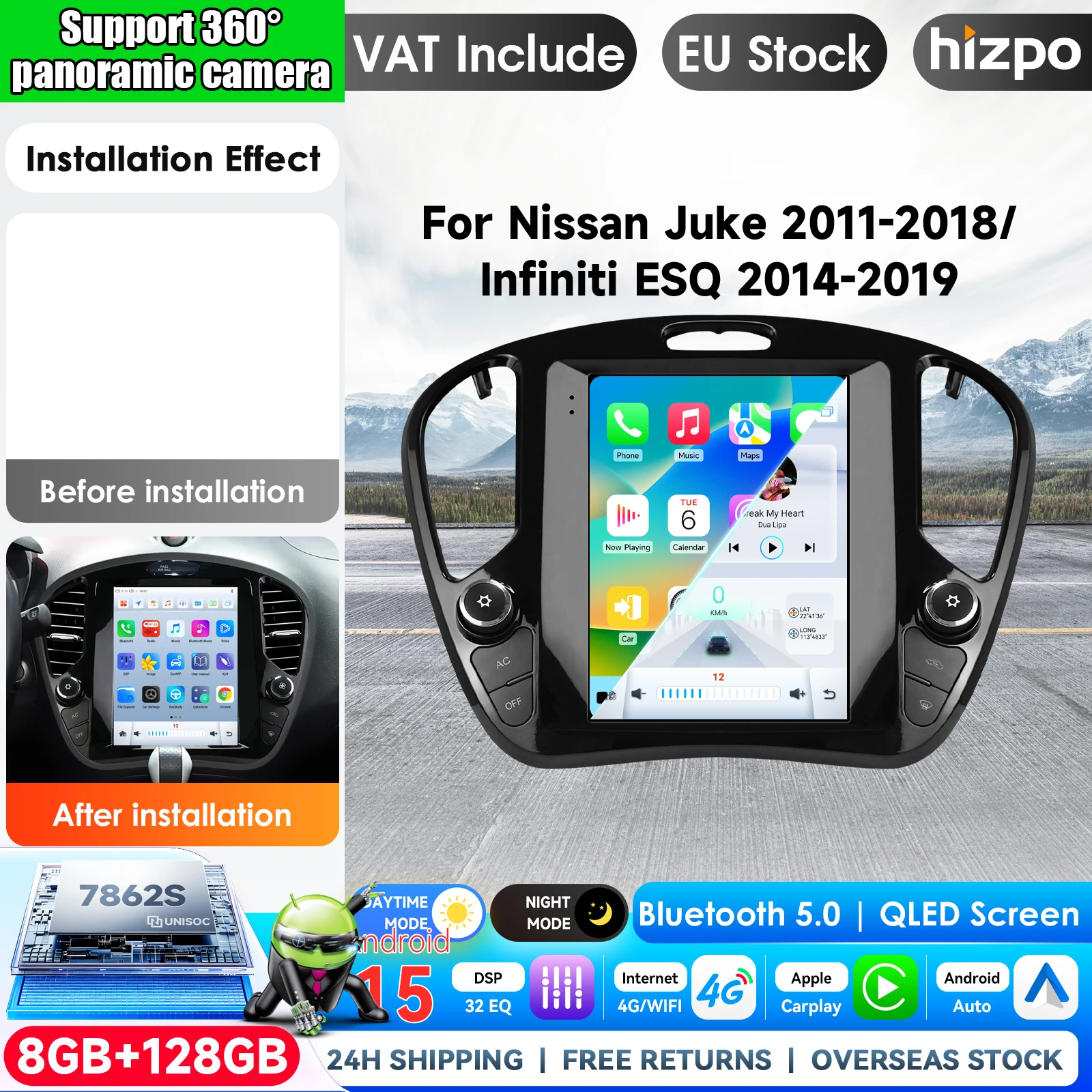Autoradio Hizpo 9,7 pouces avec Android Auto pour Nissan Juke 2011-2018, pour Infiniti ESQ 2014-2019, écran intelligent sans fil de style Tesla, CarPlay, navigation GPS, unité centrale 5GWIFI, systèmes intelligents de voiture, navigation GPS stéréo, audio FM AM DSP RDS.