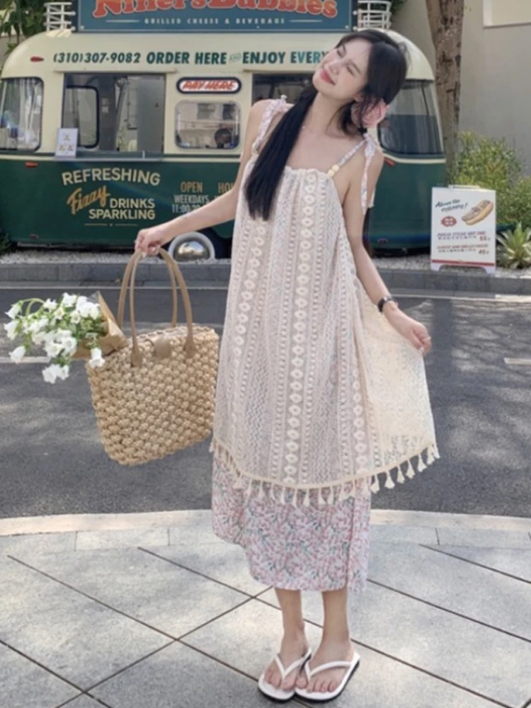 Vestido Floral ter F Chic Retrô com Franjas e Detalhes em Camadas, Saia A-Line Doce para Férias, Moda Fena Prim...