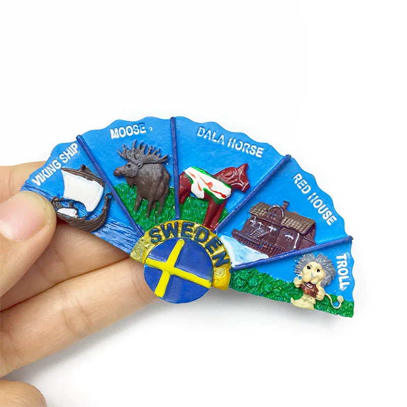 Nordic Swedish Style 3D Fan Shaped Refrigerator Magnet Sticker with Five Scenery Internet Celebrity Travel Souvenir for Home Dec