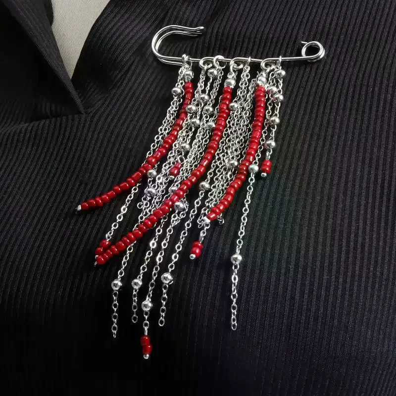 Fashion Exaggerated Beaded Fringed Chain Brooch Retro Suit Lapel Pin Fixed Pin Party Jewelry Gifts for Women