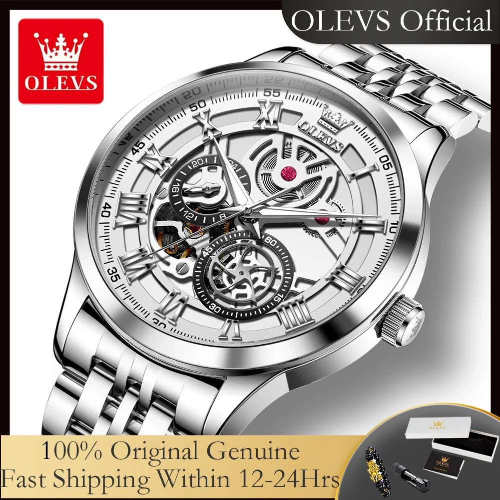 

OLEVS 7076 мужские часы с полым ремешком из нержавеющей стали, механические мужские часы, классический хронограф, роскошные автоматические часы для мужчин