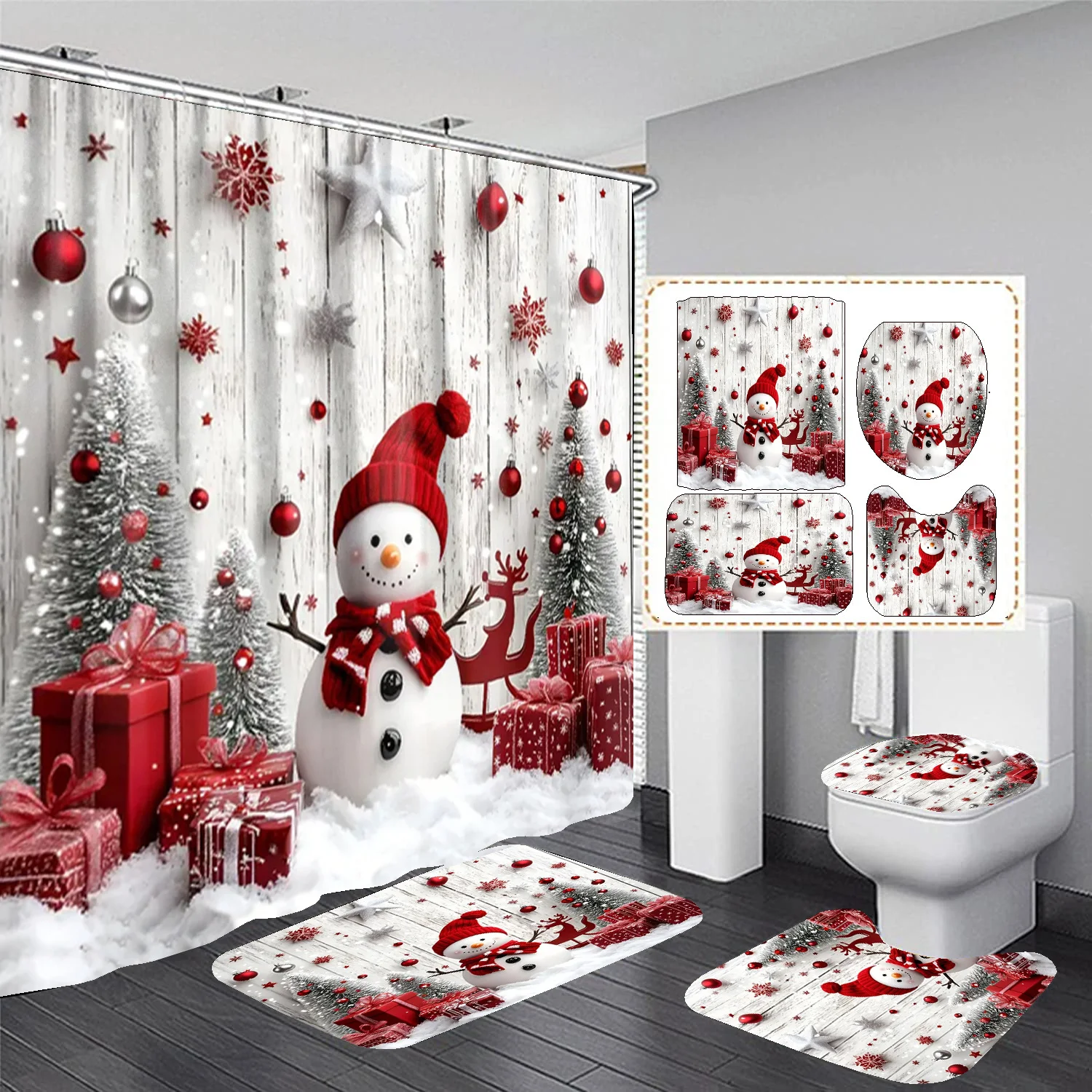4PCS Christmas Snowman Bathroom Set , Shower Curtain Toilet Seat Cover Bath Mat 12 Plastic Hooks Holiday Decor