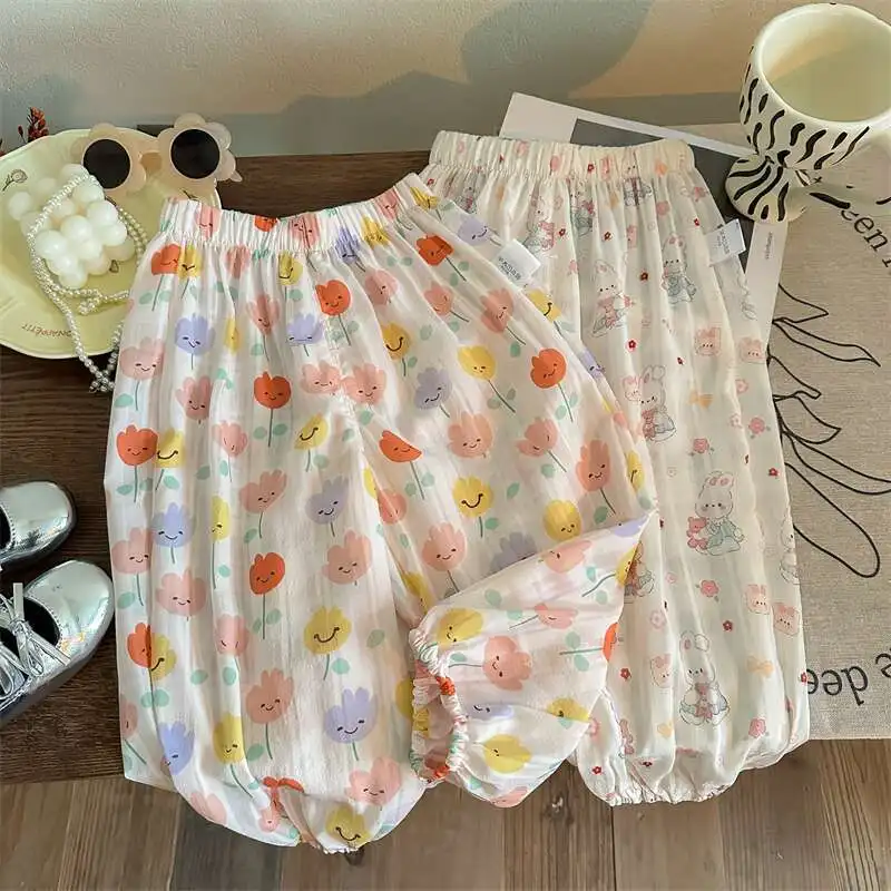 Sweet and Cute Girls Summer Thin Mosquito-proof Pants Baby Girls Jogger Pants Children Cartoon Print Loose Air-conditioned Pants