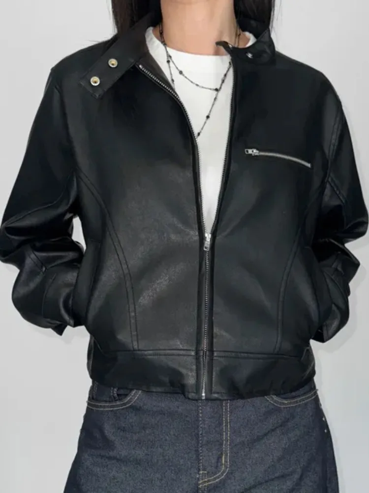 معطف Sli Retro Biker Leather Jaet Long Sve f بياقة عالية وسحاب متعدد الاستخدامات وياقة واقفة للدراجات النارية للنساء #1