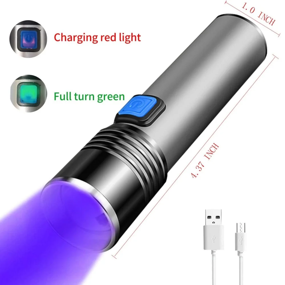 Linterna UV recargable por USB de 365nm, linterna de luz ultravioleta portátil de aluminio, luz negra, Detector de orina de mascotas, linternas