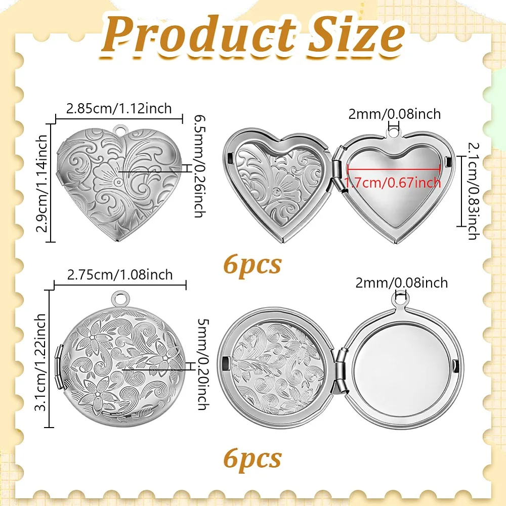 

12Pcs 2 Styles Stainless Steel Round Locket Pendants Flat Round with Flower Pattern Platinum 29~31x27.5~28.5x5~6.5mm Hole: 2mm