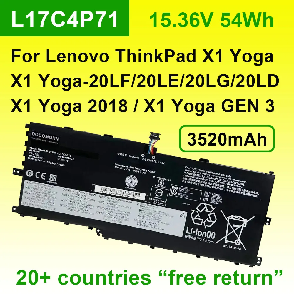 L17C4P71 Laptop Battery 15.36V 3520mAh For Lenovo ThinkPad X1 Yoga Gen 3/2018 20LE 20LD Series 01AV475 SB10K97623 L17M4P71