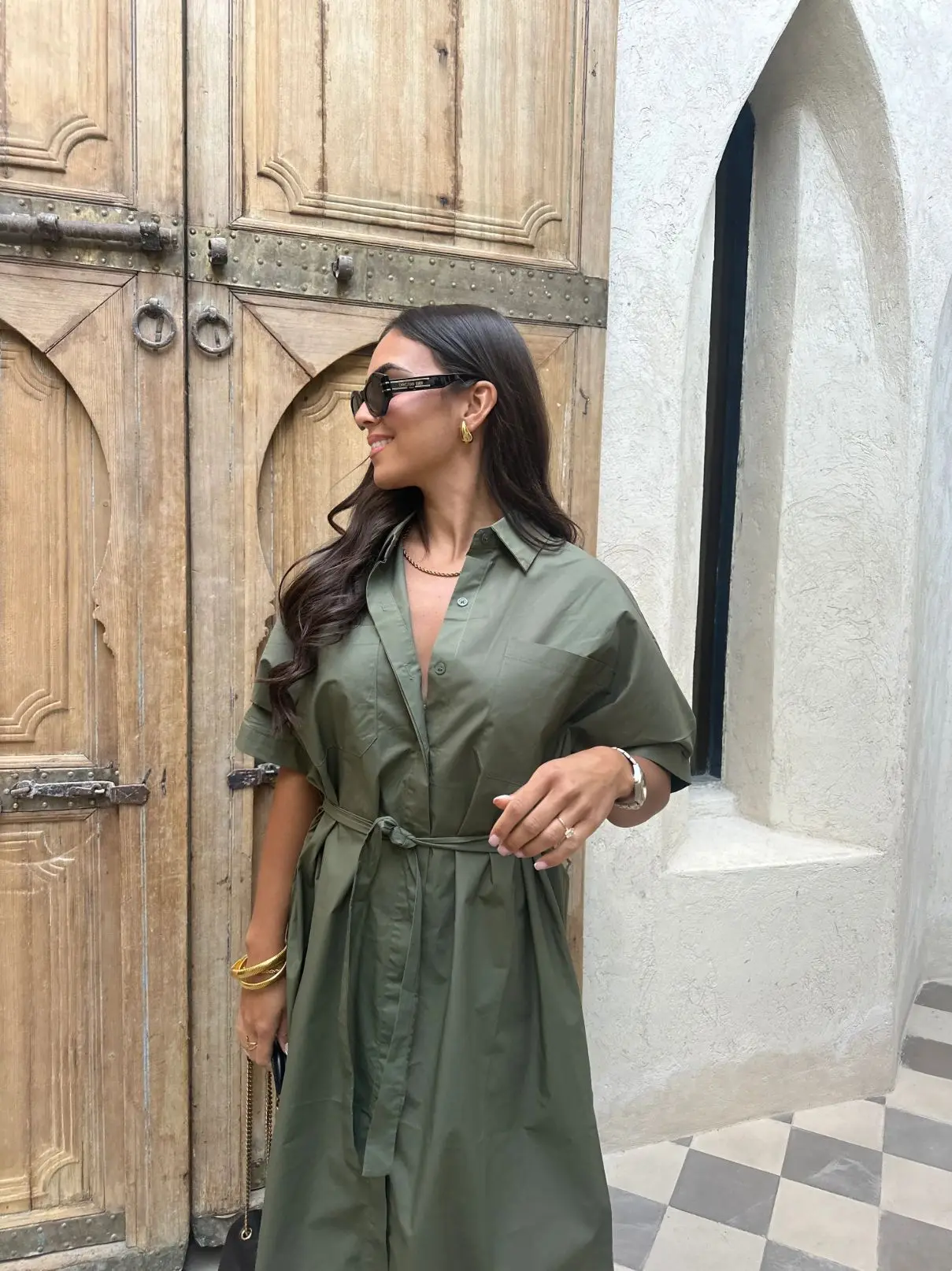 

New Women's Dress Spring Autumn Solid Colors Casual Fashionable Loose Comfortable Lapel Clothes Short-sleeved Belt Long Dresses