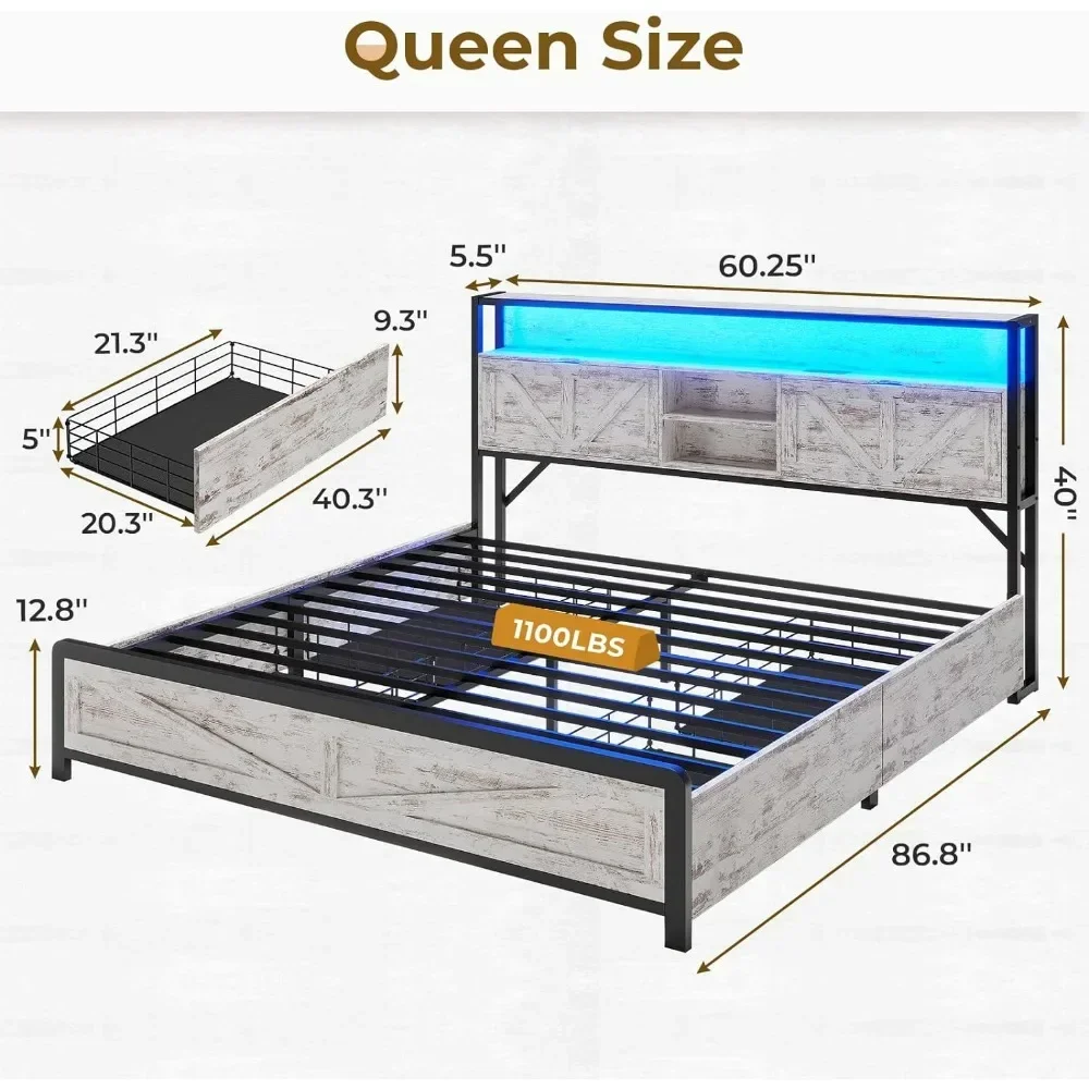 Full Bed Frame with RGB LED Lights&Hidden Storage Headboard, Full Metal Platform Bed with Type-C Charging Station and 4 Drawers