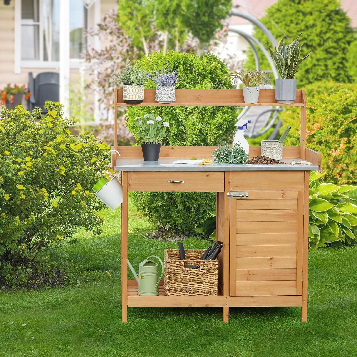Modern Wooden Potting Bench Outdoor Potting Table With Metal Worktop And Storage Cabinet, Heavy Duty Garden Workstation Table Furniture For Patio Backyard Balcony, Natural Wood