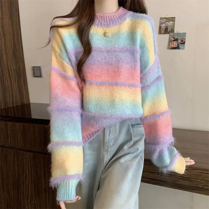 Knitted Sweater Long Sleeved Round Neck Pullover Sweater Women's Gradient Color Striped Top Base Shirt