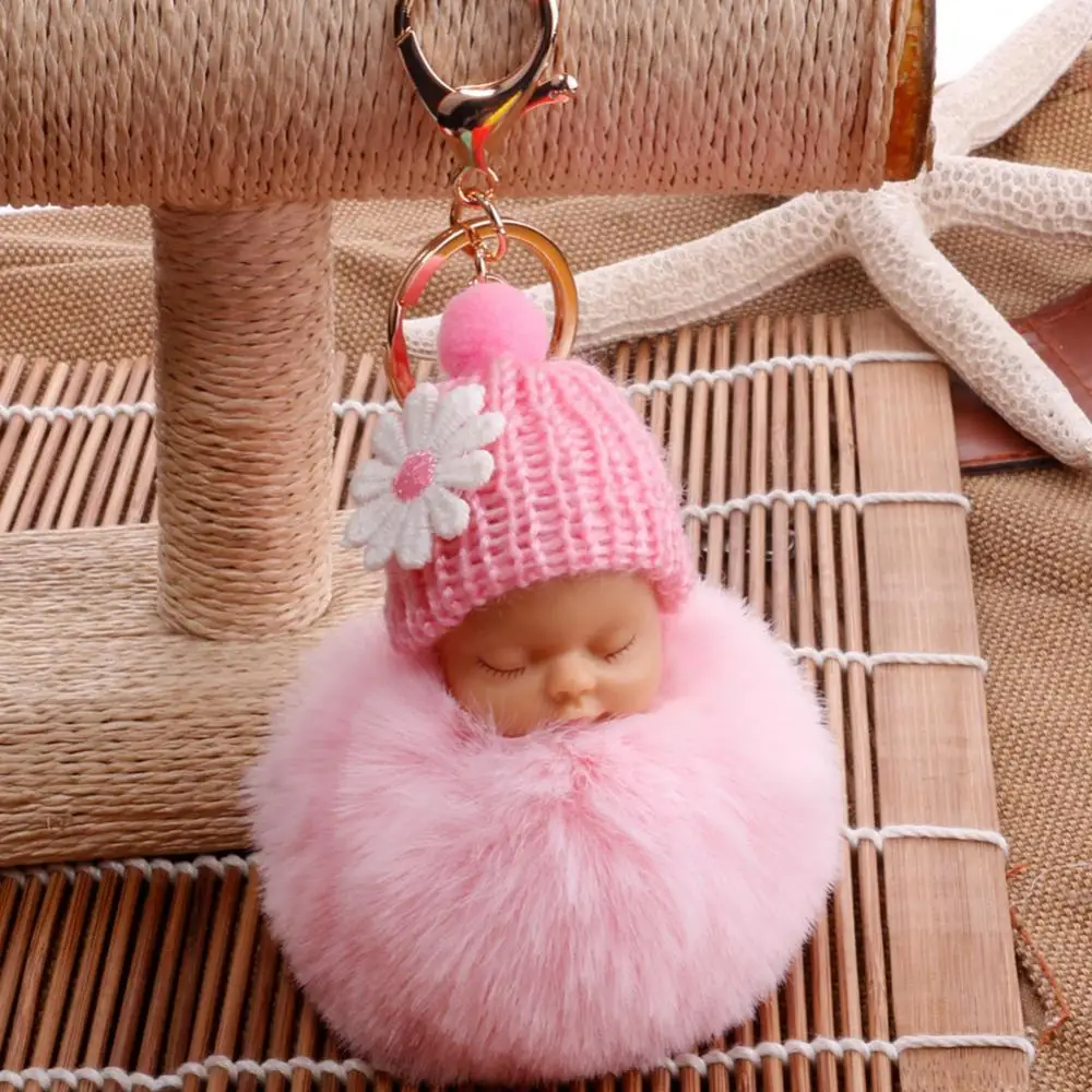 Kawaii Sleeping Baby Fluffy Plush Doll Pompom Baby Keychain Key Ring Car Key Holder Women Bag Ornaments Jewelry Birthday Gift