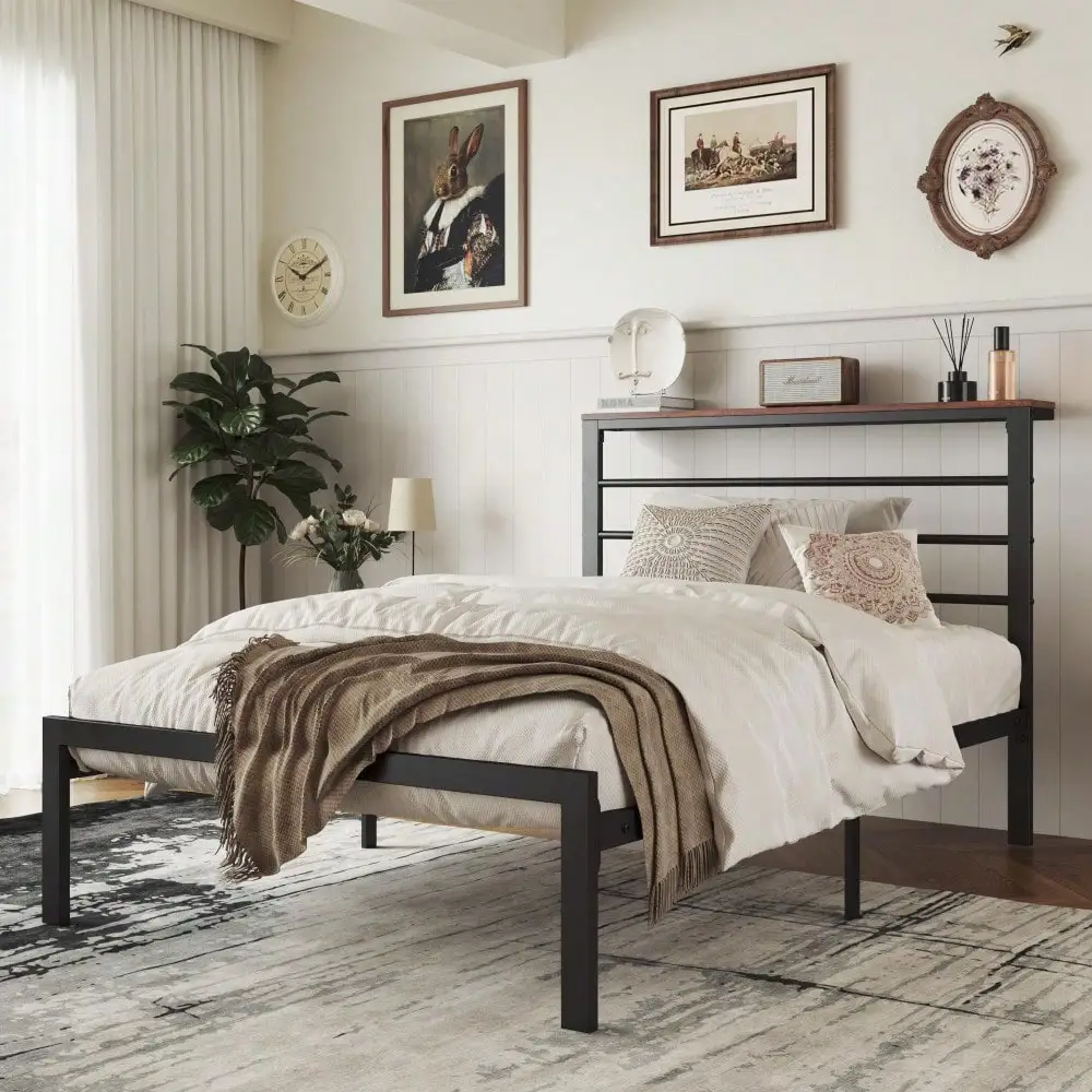 

Heavy-Duty Twin Metal Platform Bed Frame With Shelf Headboard, No Box Spring Needed, Easy Assembly, Brown Shelf